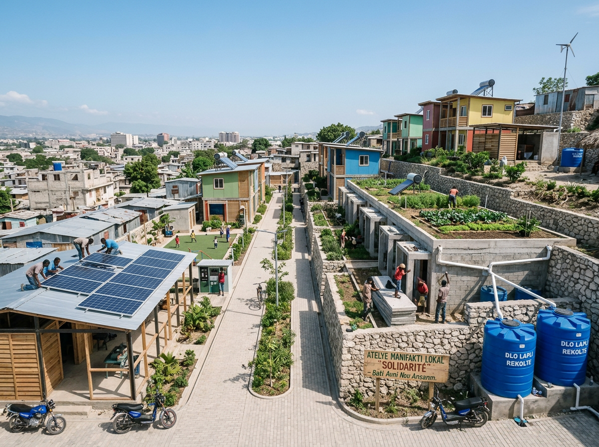 Community housing with solar panels, rooftop gardens, and people working outdoors