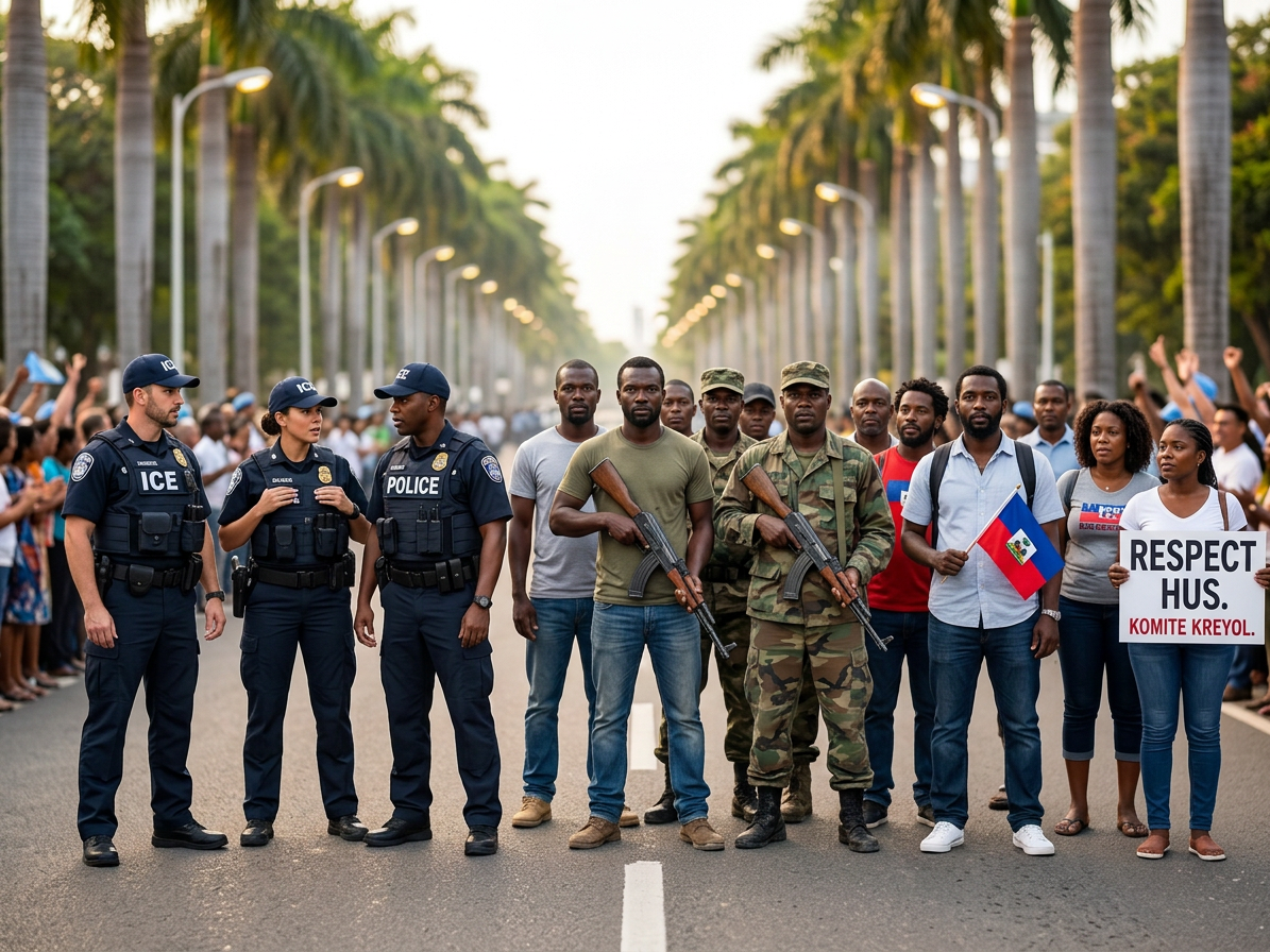 Masked officers with rifles march; uniforms display visible ICE patches.